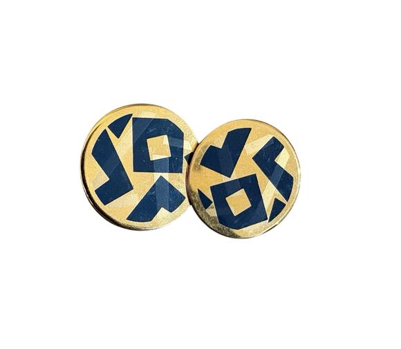Avon Jewelry - Vintage 1980's Avon Round Gold Tone Metal Abstract Blue Enamel Clip Earrings